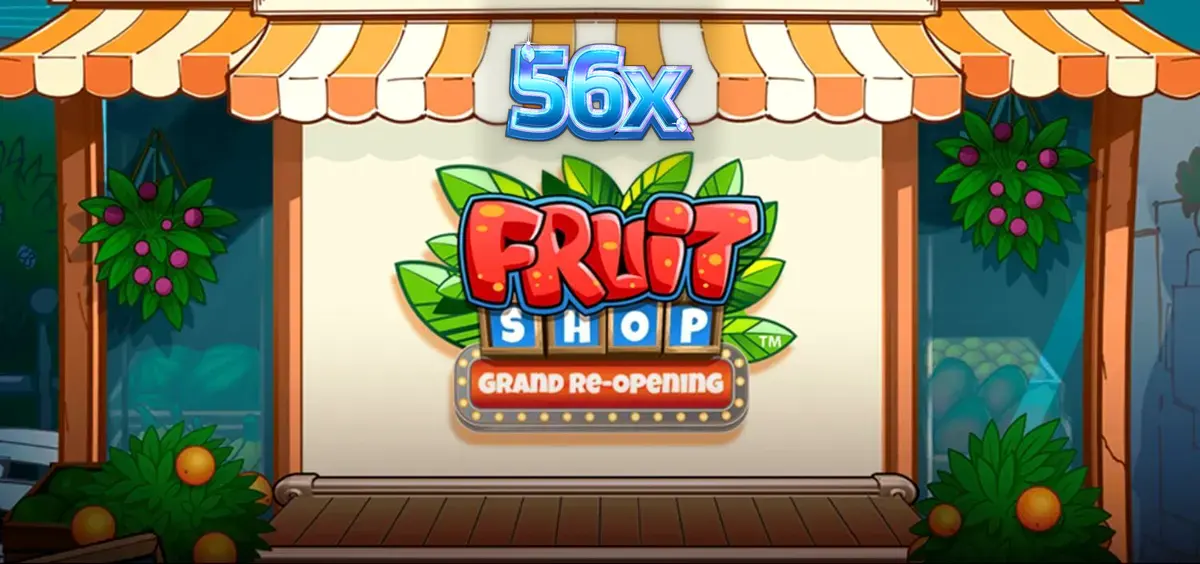 Interface colorida e vibrante do slot Fruit Shop Grand Re-Opening com frutas frescas.